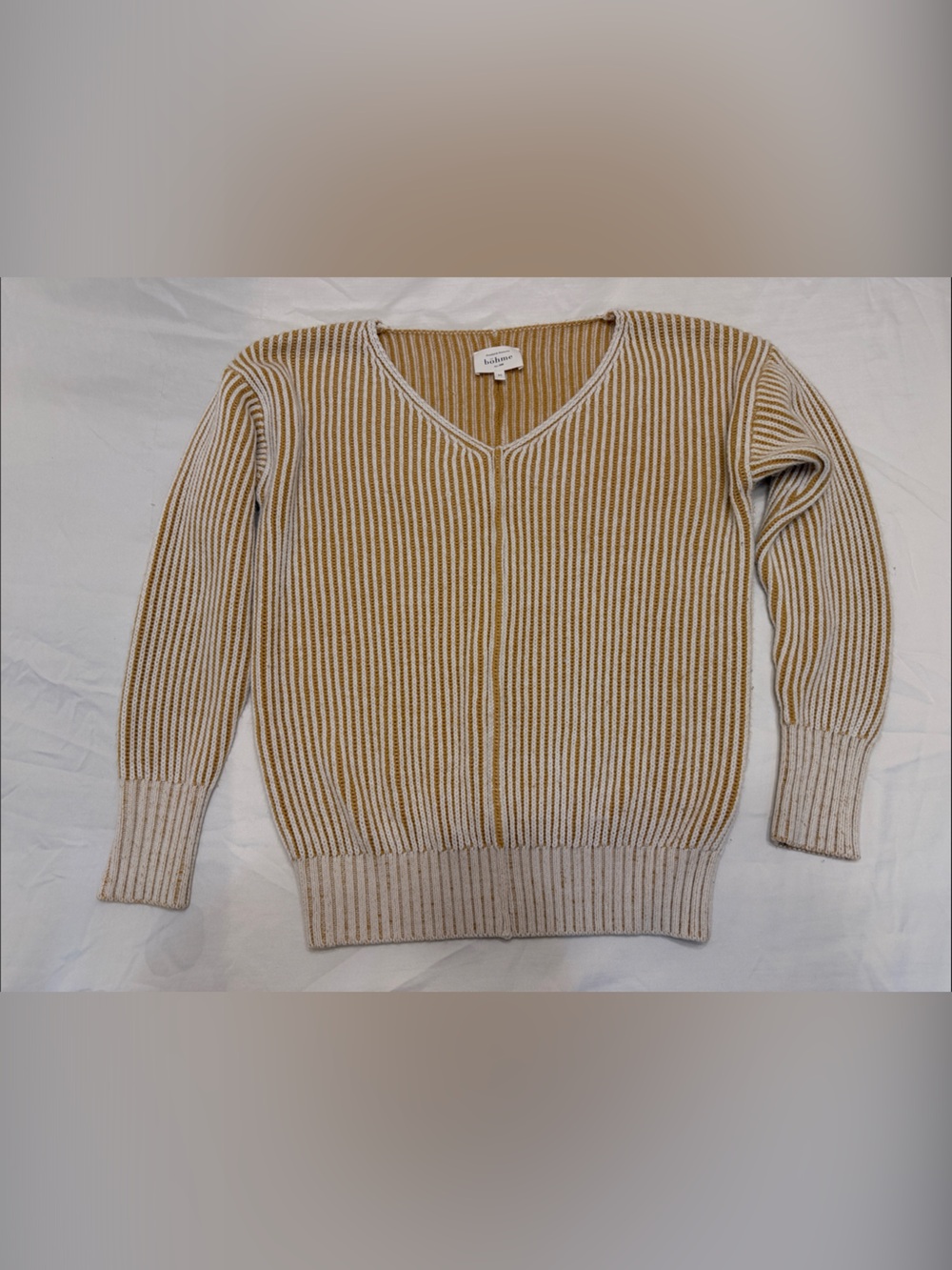 bohme Ribbed V-Neck Sweater in Cream and Tan Stripe